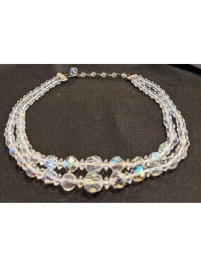 Vintage Aurora Borealis 2-Strand Beveled Crystal Necklace 15” Super Sparkly